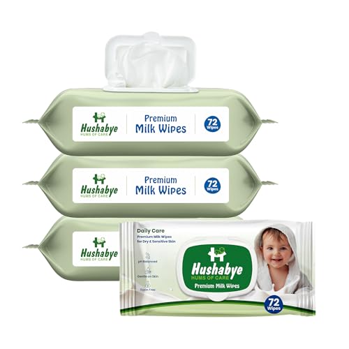 Image of Hushabye Premium Milk Baby Wipes with lid- 0+ Months, pH balanced, Paraben & Alcohol Free, Moisturising & Thick Wipes with purified Water, Gentle & soothing, 288pcs, Pack of 4