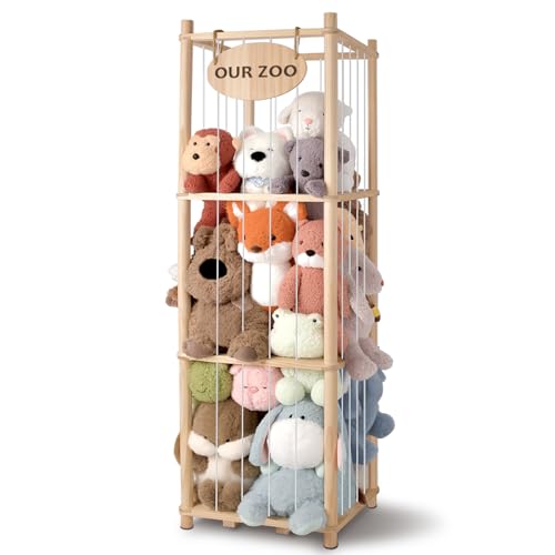 Stuffed Animal Storage Organizer - Thick Wooden Toy Zoo for Playroom & Bedroom, Large Plushies Holder with Cute Jail Cage Design, Plush Toy Display Tower Shelf (Large)