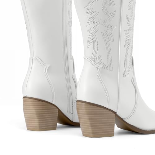 Image of DREAM PAIRS Womens Cowboy Boots Wide Calf Comfortable Pull On Zipper Chunky Heel Pointed Toe Embroidered Western Cowgirl Knee High Boots Ladies Retro Tall Boot