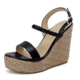 Obermaterial: Künstliches PU FamMe Damen Plattform Keil Sandale Casual Sommer Open Toe Strappy Wedges Sandalen Pumps PU Ankle Strap Kleid Schuhe,Schwarz,45