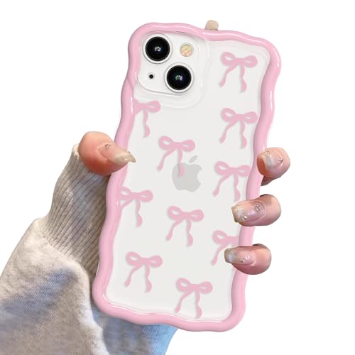Coque iPhone 12 nœud rose en silicone transparent avec cadre ondulé antichoc