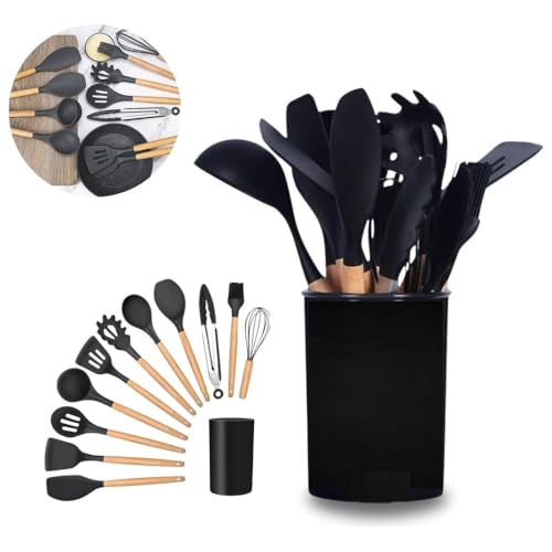 Kit 12 Peças Conjunto Utensílios Cozinha em Silicone Cabo de Made...