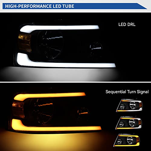 Image of oEdRo LED DRL Headlight Assembly Replacement for 2004-2008 Ford F150 F-150 Headlamps w /Sequential Turn Signal Clear Lens Black Housing Pair Set
