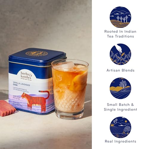 Image of Herbs & Kettles Chai - Vanilla Lavender| Assam Black Tea with Real Vanilla Bean, Lavender Flowers, Cardamom, Cinnamon & Ginger | Floral Loose Leaf Blend | Makes 10-14 Servings | Premium Tea Gift