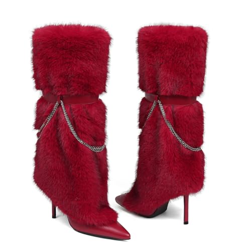 COMFITORIA Women Fur Boots Knee High Fold Over Fuzzy Boot Stiletto High Heel Wide Calf Pointed Toe Shark Boot Party Fashion Fall Winter Dress Boots, Red, Size 9