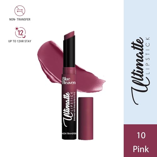 Image of Blue Heaven Ultimatte NonTransfer lipstick for women|Enriched with Shea Butter & Vitamin E| Matte Finish, Smudge Proof & Waterproof Long Lasting Lipstick Upto 12Hrs| 2.2g | 10 Pink