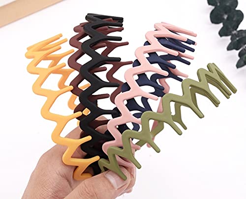 ANNACREATIONS Fashion Plastic Elastic Wavy Matte Shine Headband Teeth Comb for Women (Black and Brown) - Set of 6