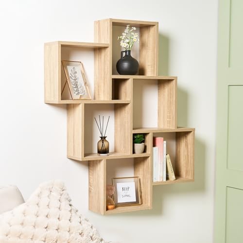 OHS 6 Tier Cube Shelves for Wall, Wooden Wall Mounted Shelving Unit Display Shelf Rack Storage Organiser Unit Decorative Floating Book Shelf for Living Room Bedroom, Natural