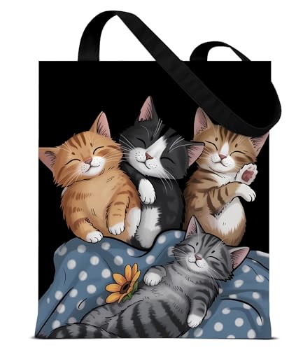 Image of Cute Cat Canvas Tote Bag for Women， Aesthetic Reusable Shoulder Bag for Shopping Travel Work