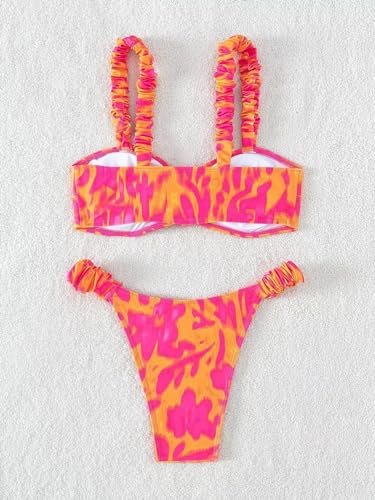 Women's Floral Print Bathing Suit Ruffle Trim Tie Back Swimsuit Bikini Set 2 Piece2