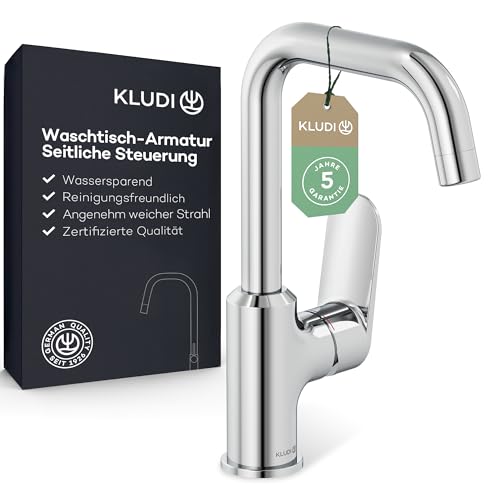 KLUDI-X1 Waschtischarmatur, 360° schwenkbar, Auslaufhöhe 205 mm, wassersparender Wasserhahn Bad Größe L, Keramikkartusche, Mischbatterie Waschbecken inkl. Anschlussschläuche in Chrom