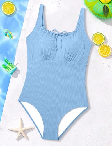 Image of CRISONE Girls One Piece Swimsuits Adjustable Straps Bathing Suit Color Block Padded Pool Beach Swimwear 9-16Y