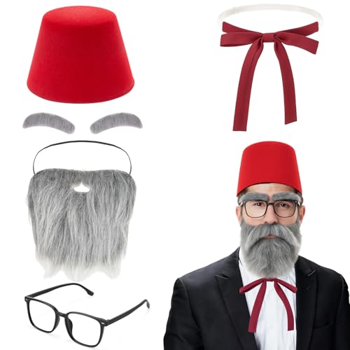 Croknit 5 Pcs Halloween Old Uncle Costume Accessories Red Fez Hat Gray Beard Eyebrow Stickers Glasses Long Bow Tie for Man Halloween Party Cosplay Dress up