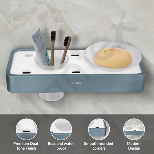 Image of Plantex Aluminium and Acrylic Soap Holder with Tumbler Holder /Soap Dish with Toothbrush Holder for Bathroom - (Grey and Milky White)