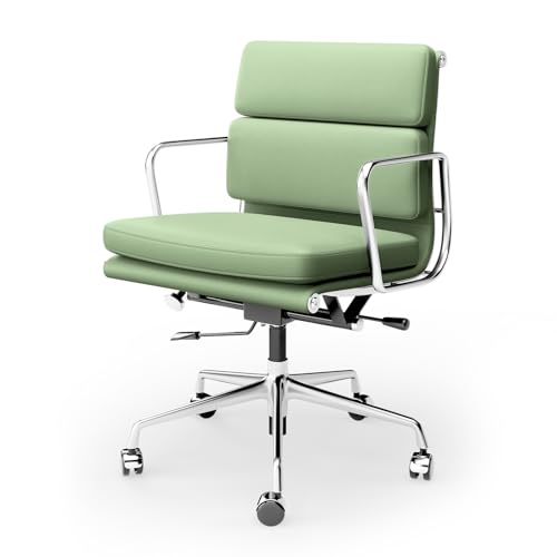 Image of Genuine Leather Office Chair, Padded Mid Back Ergonomic Executive Desk Chair with Aluminum Arm Rest and Base, Swivel Wheels with Lumbar Support & Tilting Function, Hight Adjustable, Light Green