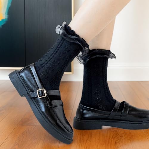 Image of Women's Lace Ruffle Frilly Socks Comfortable and Warm Cotton Socks for Women Girls