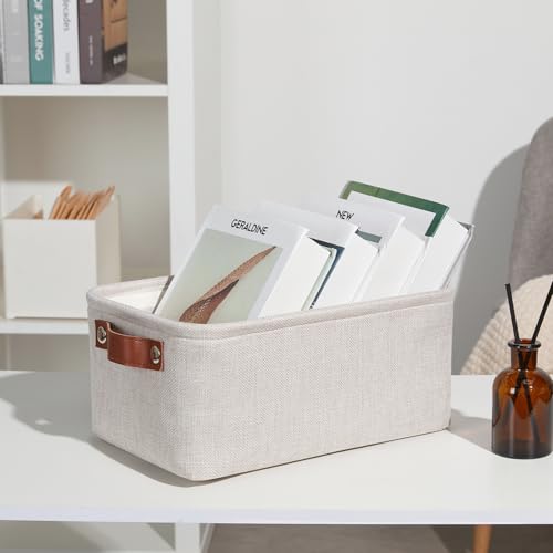 Image of DULLEMELO Small Storage Basket for Shelves, Small Fabric Collapsible Rectangular Storage Bin for Shelves, Closets, Nursery, Home, Office, Empty Gift Basket (Beige)