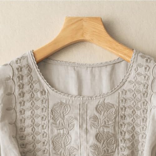 Embroidered Boho Tops for Women Trendy 3/4 Length Sleeve Cotton Linen Shirts Plus Size Fall Fashion Dressy Casual Blouses3