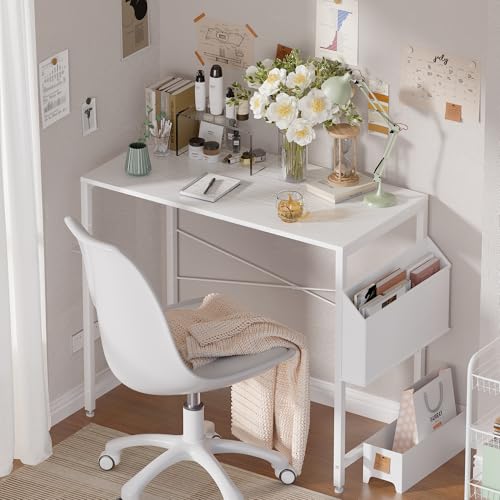 Image of Pamray 32 Inch Computer Desk Small Spaces Desk with Storage Bag for Bedroom Writing and Home Office Work Small Study Desk Table White