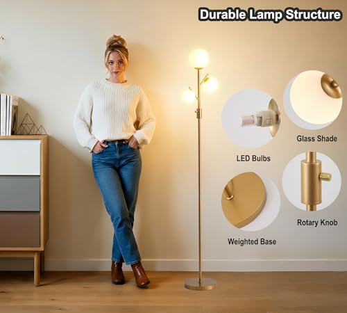 Image of Fiqevs Mid Century Modern 3 Globe Tree Floor Lamp - Dimmable LED Standing Lamp with Bulbs, Warm Light for Living Room Bedroom Office - Antique Brass /Gold