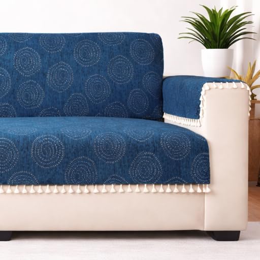 Image of STITCHNEST Woven Fabric Sofa Cover 2 Seater with 2 Hand Rest Covers - Washable Blue Sofa Cover with Tassels - Durable Premium Fabric - Stylish Sofa Protector for Living Room & Furniture Decor