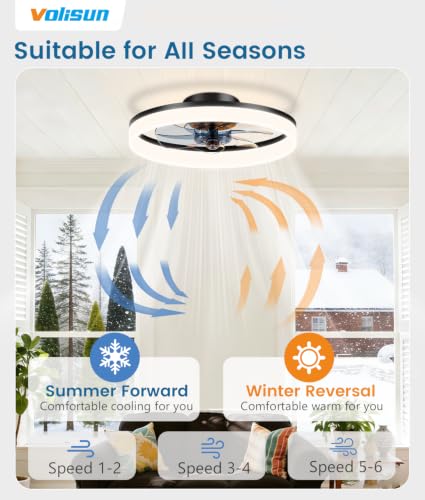 Image of VOLISUN Low Profile Ceiling Fans with Lights and Remote, 16in Fandelier Ceiling Fan Flush Mount, 3000K-6500K Smart Bladeless LED Fan Light, Black Modern Ceiling Fans with Lights for Bedroom