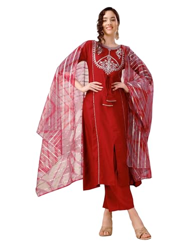 Image of EthnicJunction Women's Chinon Embroidered Straight Front Slit Kurta Palazzo & Organza Dupatta Set | Wedding | Heavy | Outfit | Suit
