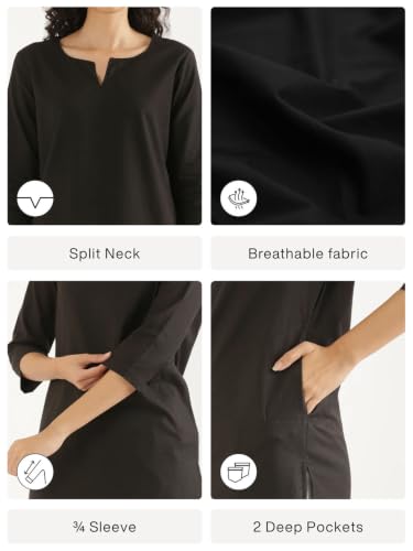 Image of SAADAA Airy Linen Mid Thigh Length Kurta for Women | Stylish Split Neck, 3 /4 Sleeves & Side Pockets | Comfortable Everyday Wear Kurta | Breathable Fabric |