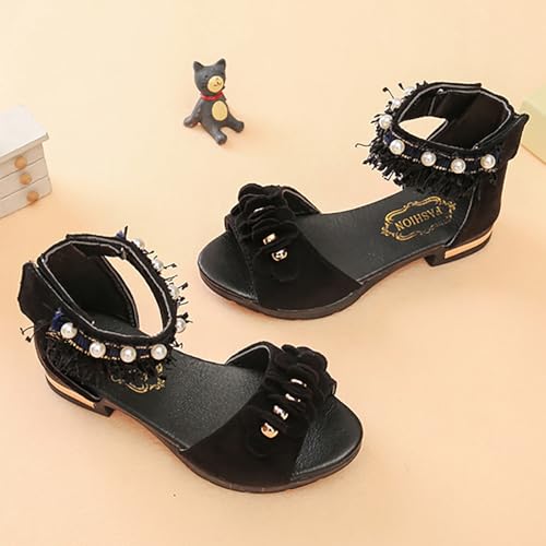 IWIHMIV Girls Sandals Ankle Strap Low Heel Pearl Flower Dress Wedding Party Shoes for Little Kid Non Slip Dress Shoes4