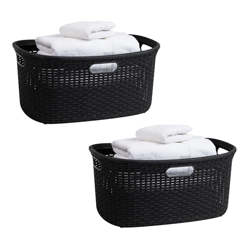 Image of Mind Reader 40L Laundry Basket, Clothes Hamper, Premium Wicker Design, Plastic, Set of 2, Black