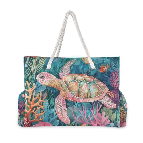 Image of Beach Tote Bags for Women, Turtle Flower Starfish Large Beach Shoulder Bag Pool Bags Purse