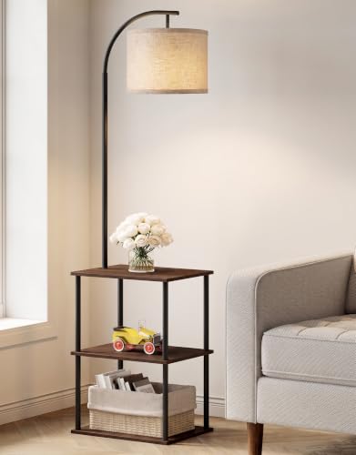 Image of PARTPHONER Floor Lamp with Table, Night Stand with Lamp, Narrow Side Table with 3CCT LED Bulb, Small Coffee Table, Modern End Table with Storage Shelves for Living Room Bedroom, Walnut Brown