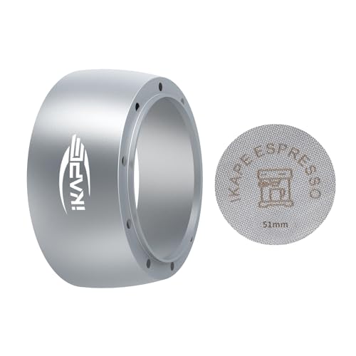 IKAPE Magnetic Dosing Funnel Set, 51MM Espresso Dosing Ring &amp; Puck Screen Kit Compatible with Delonghi 51MM Bottomless Portafilter - with 8 Small Magnet (Silver)