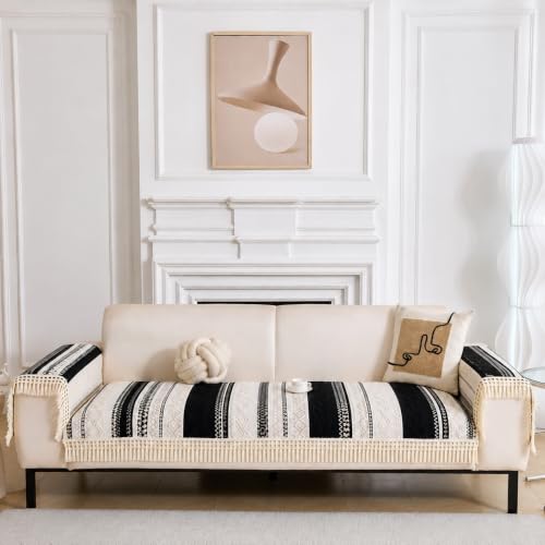 Image of HOMETHREADS Innovative European Premium Style Anti Slip Cotton Sofa Cover Mat with PVC Backing for Non-Slip Comfort (Black, 4 Seater | 70x210cm)