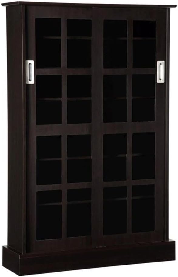 Atlantic Windowpane Media Storage Cabinet with Tempered Glass Pane Styled Sliding Doors, Holds CD, DVD or Blu-ray Media, Collectables or Memorabilia, PN 94835721 in Espresso, 576 CDs