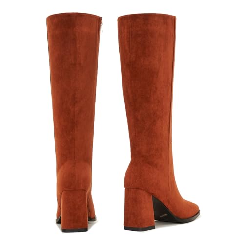 Image of Knee High Boots for Women - Wide Calf Boots with Zipper, Square Toe Tall Leather Boots, Chunky Heel Fashion Long Boots