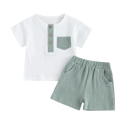 Image of fhutpw Baby Boy Summer Outfits Henley Shirt Soft Pocket Short Sleeve Tops & Shorts Sets Infant 3 6 12 18 Months 2T Clothes