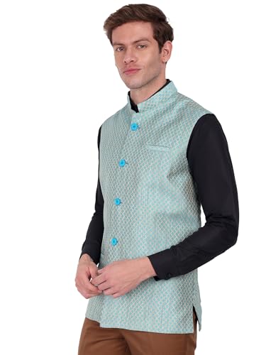 Image of SKAVIJ Men's Indian Dupion Silk Weaving Design Sleeve Less Nehru Jacket Waistcoat Turquoise XL