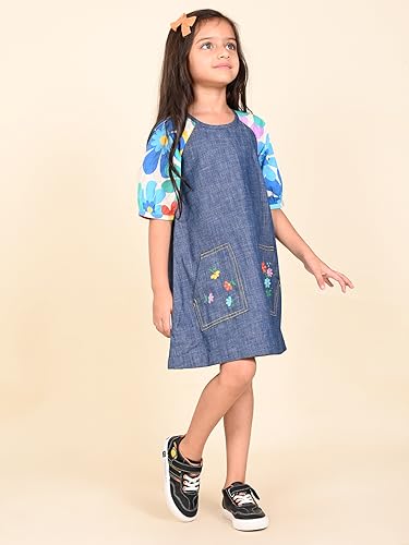 Image of LILPICKS Printed Sleeves A-line Solid Pocket DressFor Girls (Blue)
