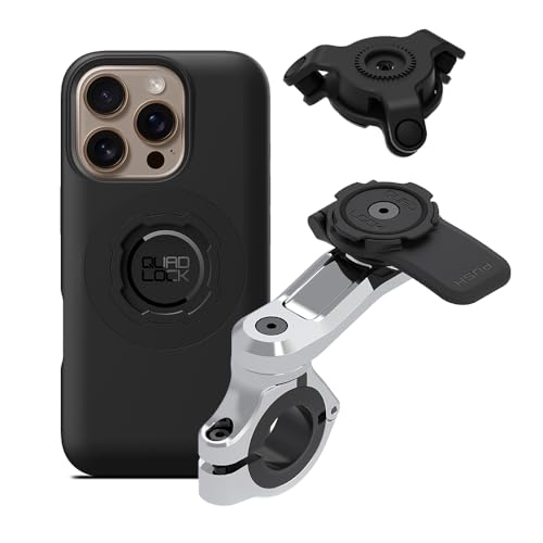 Image of Quad Lock Motorcycle Handlebar Phone Mount PRO Chrome with Vibration Dampener and MAG Phone Case for iPhone 16 Pro