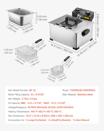 Image of VEVOR Commercial Electric Deep Fryer, 9.51 Qt, 1700W Stainless Steel Countertop Fryer with Large & Small Baskets, Overheat Protection, Temp Control, Timer, Detachable for Home Restaurant Use, Silver
