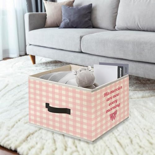 Image of Pink Checkered Christian Storage Bins, Coquette Pink Bow Bible Verse Preppy Collapsible Fabric Storage Basket Organizer for Clothes Toys Books Girls Bedroom Dorm