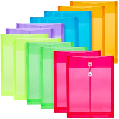 12 Pack Assorted Colors Plastic Envelopes Poly Envelope Expandable File Document Folders with Button & String Tie Closure - Letter A4 Size - 1-1/4 Inch Expansion - for School Office and Home