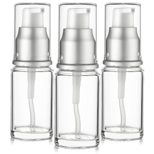 VitalUp 0.5 Oz 15ml Refillable Luxury Clear Glass Lotion Travel Pump Bottle with Silver Cap for Cosmetics Lotion Body Cream Sanitizers Cream Foundation (Pack of 3)