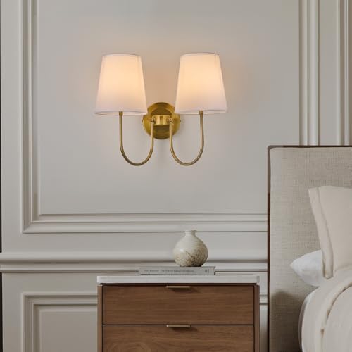 Image of White Fabric 2 Light Wall Sconce | Hardwired, Double Headed, Cloth Shade, For Bedroom, Bathroom & Hallway, Direct Wire