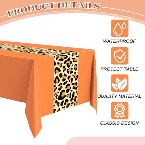 Image of Buryeah Leopard Print Tablecloth 54 x 108'' Leopard Plastic Table Cover Disposable Safari Animal Cheetah Print Party Decorations for Baby Shower Wedding Birthday Party Favors (Orange,3 Pcs)