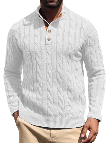 QIXING Mens Cable Knit Henley Jumper Stand Collar Button Pullover with Suede Patches Classic Casual Warm Jumper(C White, S)