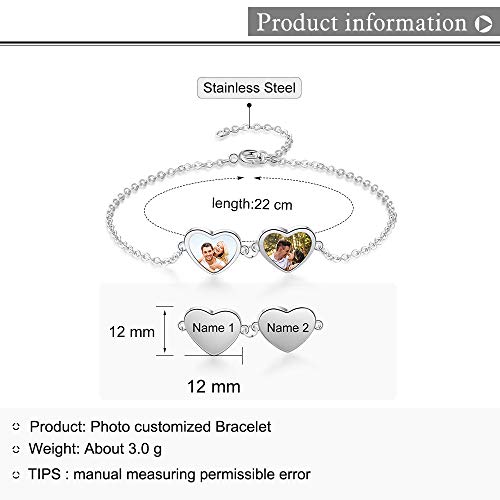 Personalized Photo Charm Bracelet for Women - Heart Locket Bracelet for Women Engraved Name Link Charm Bracelet with Simulated Birthstone Adjustable Chain for Mom BFF Girls Lovers Birthday Gift2