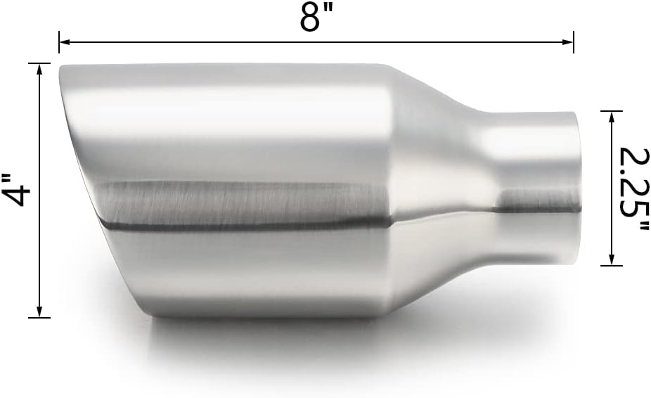 LCGP 2.25" inlet Universal Diesel Exhaust Tip 4" Outlet 8" Long Tail Tip, Polished & Double Wall Angle Cut, Stainless Steel