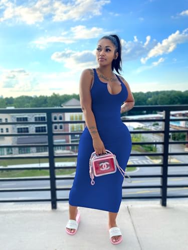 Image of Nimsruc Women Casual Sexy Deep U Neck Tank Top Bodycon Dress Summer Sleeveless Wrap Long Basic Party Club Maxi Dresses